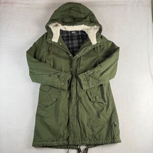 Izzue Womens Olive Green Hooded Parka Jacket Plaid Lined Fishtail Size M